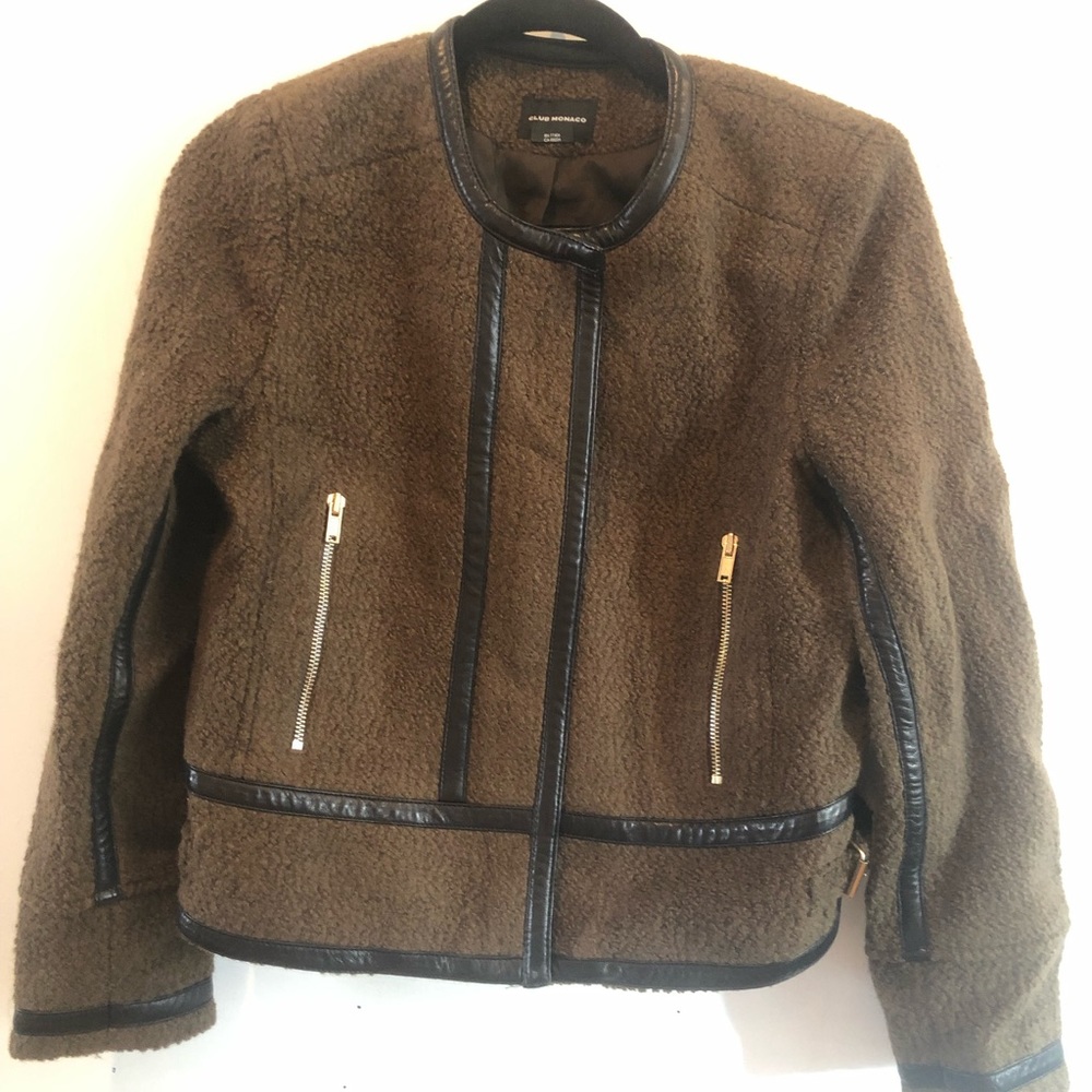 Club Monaco green boucle jacket with leather trim